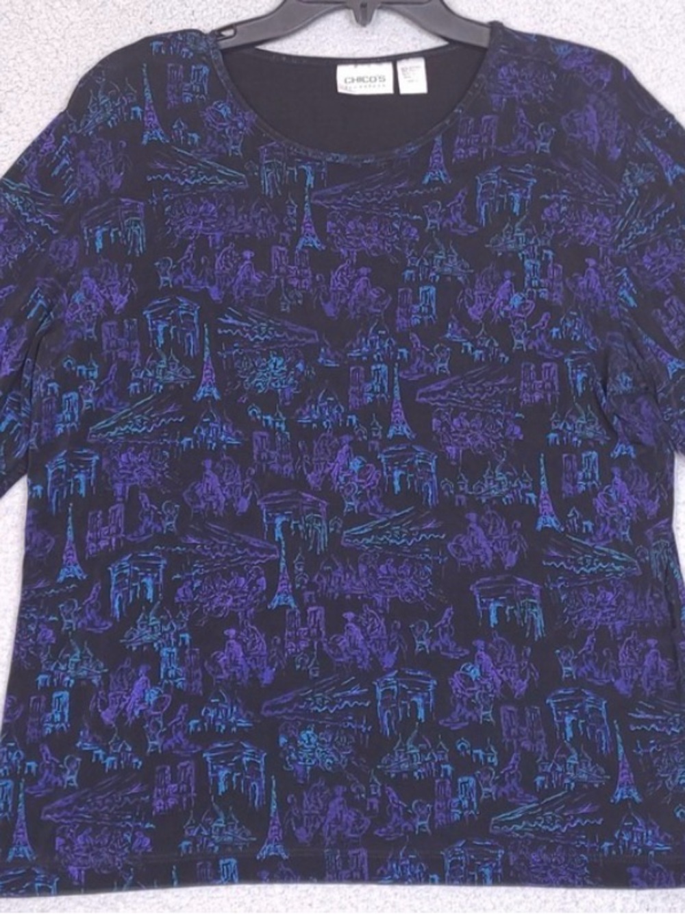 Chico's Travelers Collection Black Scoop Neck Top w/Purple & Teal Paris Print